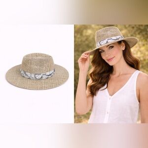 NWOT Scala Matte Quest Seagrass Safari Fedora Hat w/ Olive & Cream Leaf Print